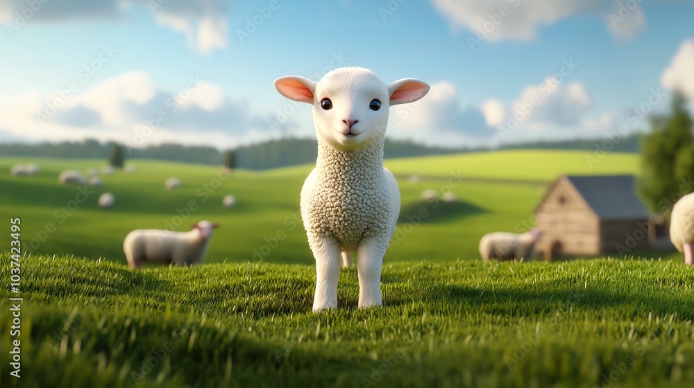 Obraz premium A cute lamb stands in a green field with a farm backdrop, surrounded by other sheep under a bright, blue sky.