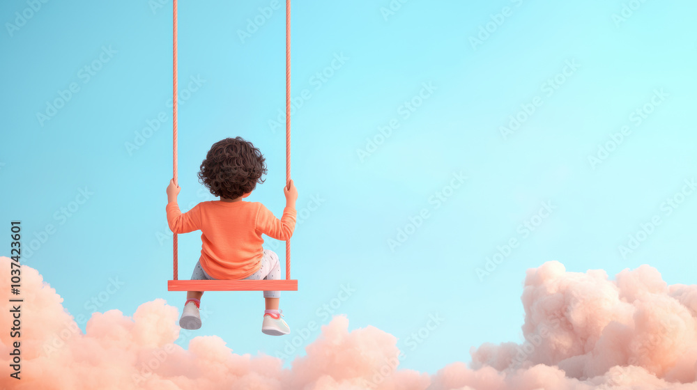 child on swing, enjoying dreamy moment in sky surrounded by fluffy clouds. scene evokes sense of wonder and joy as they soar through air child on swing, enjoying dreamy moment in sky surrounded by fluffy clouds. scene evokes sense of wonder and joy as they soar through air