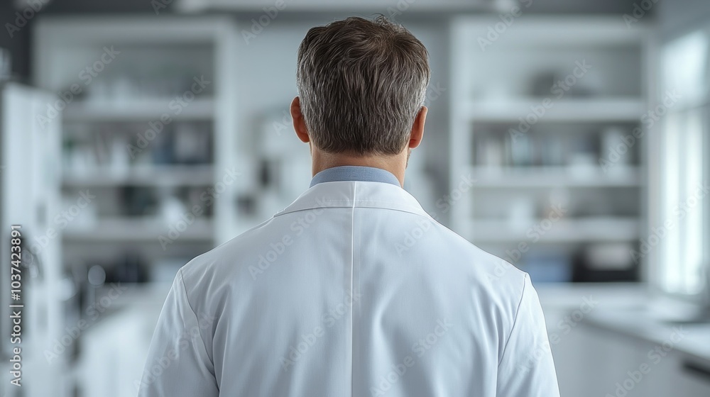 A focused individual in a lab coat stands backlit in a well-equipped laboratory A focused individual in a lab coat stands backlit in a well-equipped laboratory