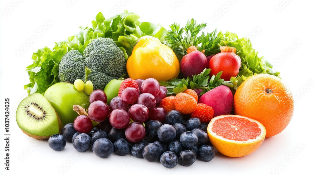 Fresh fruits and vegetables including broccoli, grapes, oranges, and lettuce create vibrant and healthy display. This colorful assortment promotes nutritious lifestyle Fresh fruits and vegetables including broccoli, grapes, oranges, and lettuce create vibrant and healthy display. This colorful assortment promotes nutritious lifestyle
