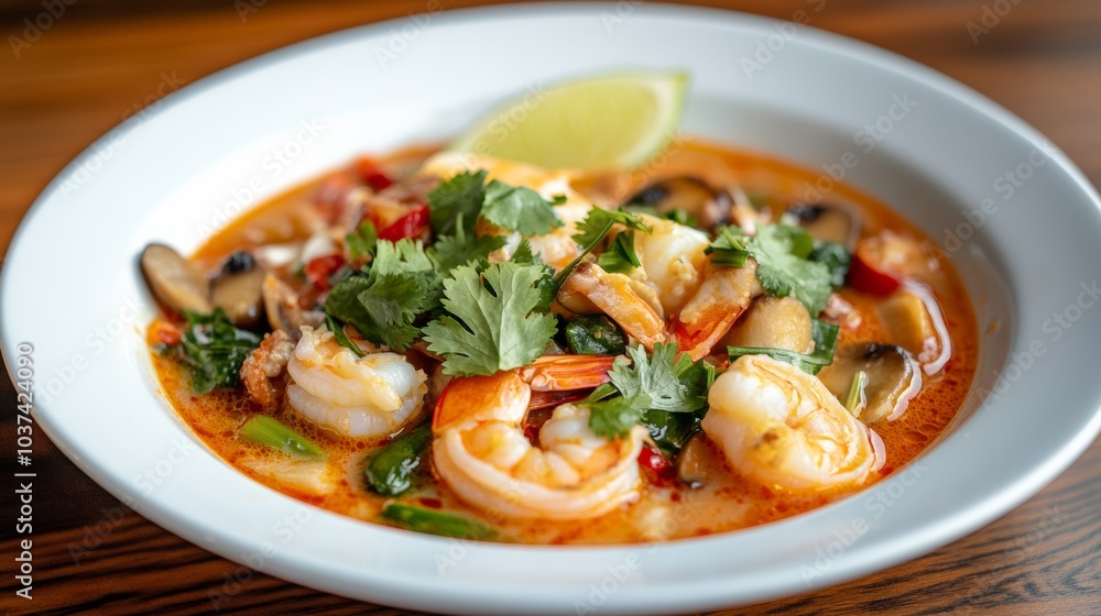 A mouthwatering plate of Thai tom yum soup, spicy and sour broth with shrimp, lemongrass A mouthwatering plate of Thai tom yum soup, spicy and sour broth with shrimp, lemongrass