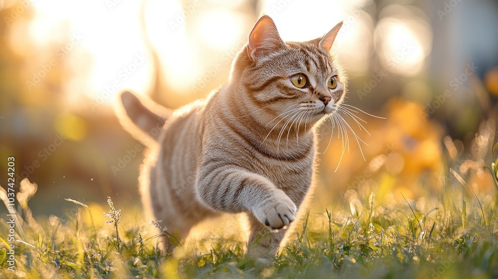 Fototapeta premium A curious tabby cat explores lush green grass, illuminated by warm sunlight in the garden