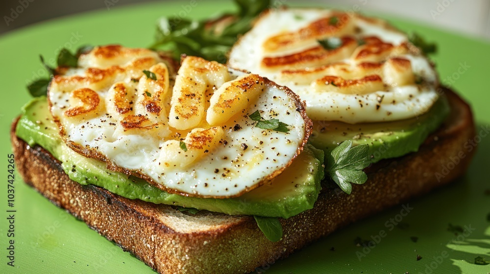 A vibrant avocado toast featuring perfectly cooked eggs adorned with fresh herbs A vibrant avocado toast featuring perfectly cooked eggs adorned with fresh herbs