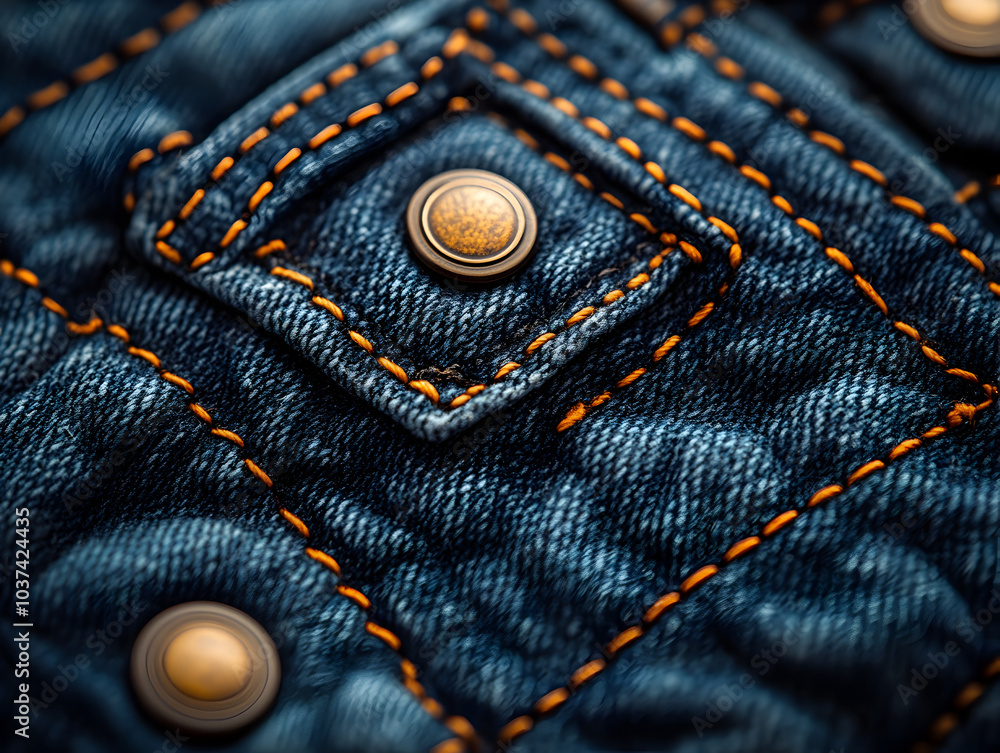 Close-Up Detail of Blue Denim Fabric with Orange Thread Stitching and Buttons Close-Up Detail of Blue Denim Fabric with Orange Thread Stitching and Buttons