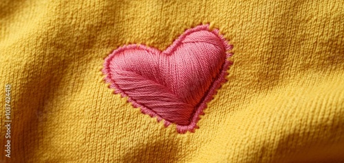 Heart embroidery on yellow fabric background