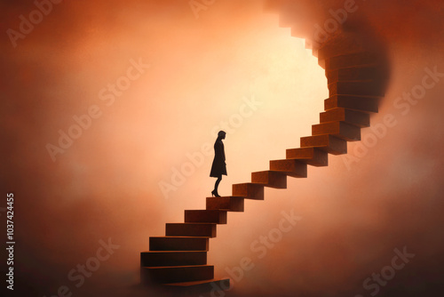 human figure ascending spiral staircase in misty atmosphere, symbolizing growth and aspiration. silhouette contrasts against warm, ethereal background, evoking sense of mystery and journey