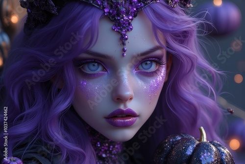 Fantasy portrait of a mystical woman with purple hair and horned headpiece, surrounded by glowing pumpkins in an enchanting forest. Perfect for Halloween and magical themes. photo