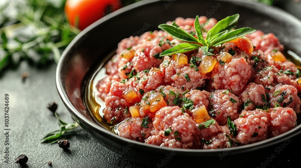 Delicious raw meat mixed with herbs and spices, beautifully presented in a black bowl Delicious raw meat mixed with herbs and spices, beautifully presented in a black bowl