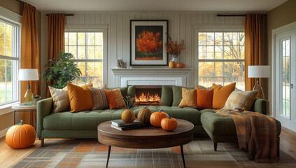 Image autumn minimalist living room with morning sun
