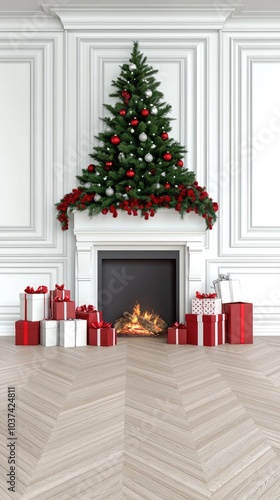 Warm and inviting Christmas setup with herringbone wooden floor, tree adorned with decorations, and presents by the fireplace