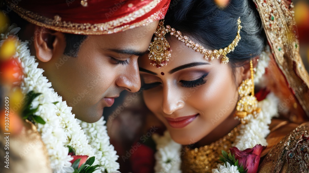 Obraz premium Portrait of an Indian wedding couple posing for album