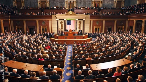 In the House Chamber, numerous Congress members are seated and attentively listening as a speaker addresses pressing national matters, creating an atmosphere of engagement and democracy.