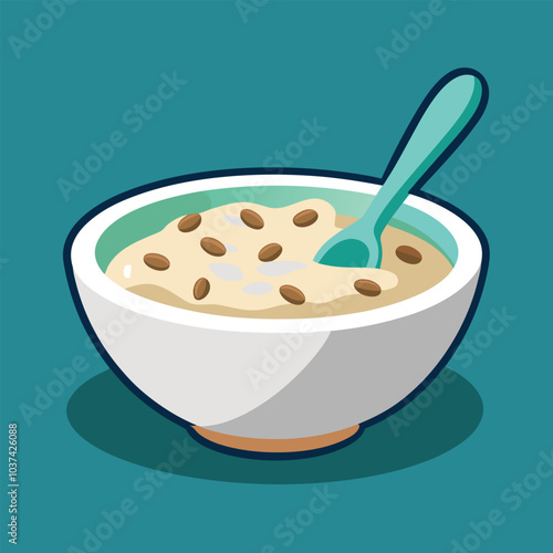 Oatmeal porridge in a white bowl with a spoon. Vector cartoon flat illustration of healthy food.