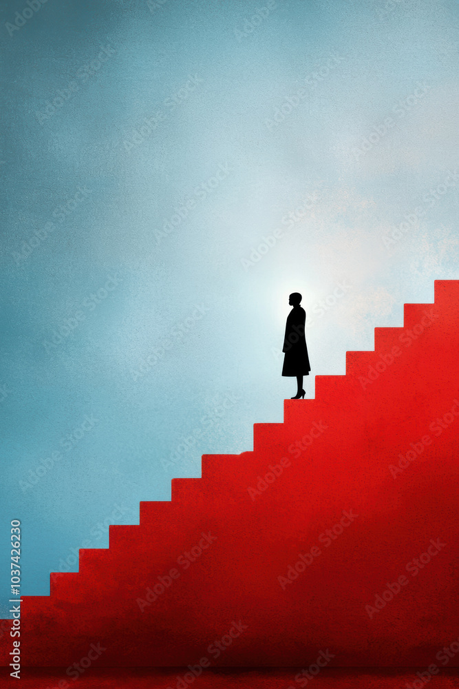 person is climbing bright red staircase against blue sky, symbolizing progress and aspiration. contrast of colors evokes sense of determination and hope person is climbing bright red staircase against blue sky, symbolizing progress and aspiration. contrast of colors evokes sense of determination and hope