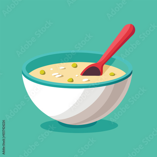 Oatmeal porridge in a white bowl with a spoon. Vector cartoon flat illustration of healthy food.