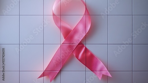 Pink ribbon symbolizing breast cancer awareness on a textured grid background photo