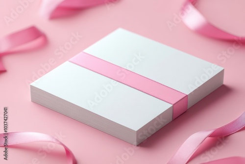 Elegant business card mockup with a delicate pink ribbon motif presented on a wooden surface for professional branding and design