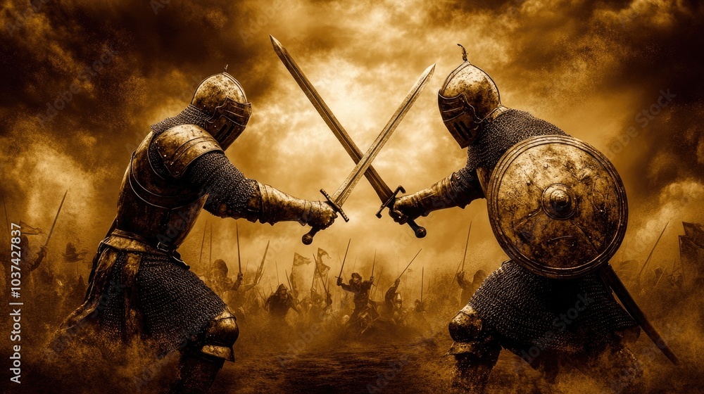 Fototapeta premium Epic Duel Between Medieval Knights in Battle Scene