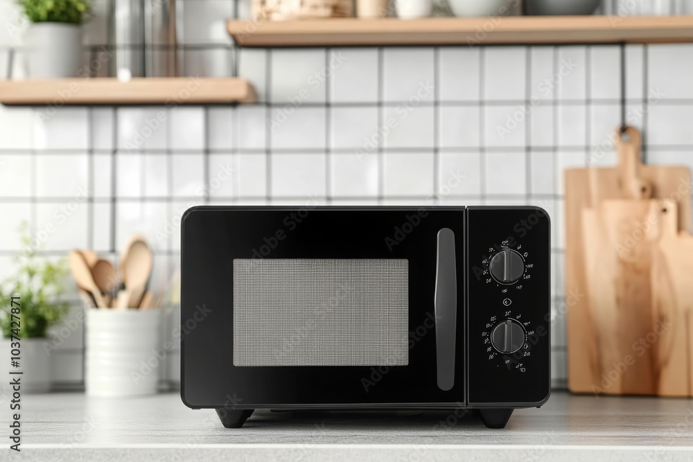Black Microwave on a Countertop in a Modern Kitchen Black Microwave on a Countertop in a Modern Kitchen