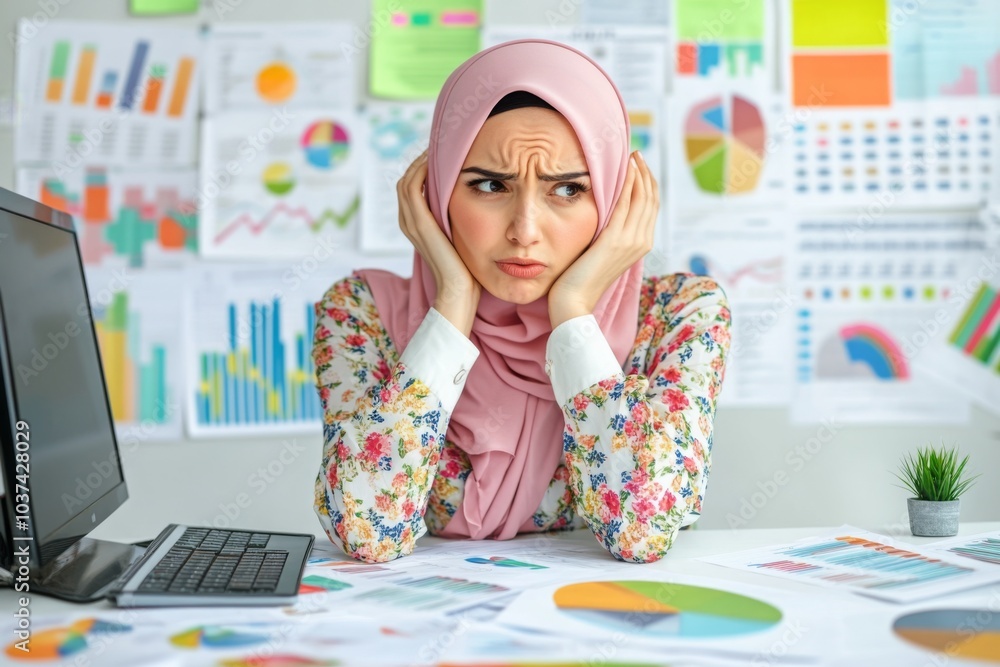 Overwhelmed Muslim Businesswoman Leaning on Desk Overwhelmed Muslim Businesswoman Leaning on Desk