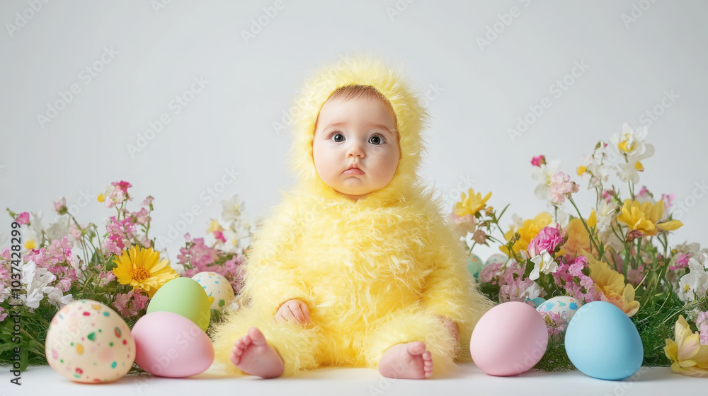 Fototapeta premium Adorable baby in yellow fuzzy outfit surrounded by colorful easter eggs and spring flowers