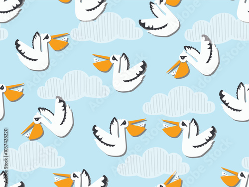 SEAMLESS DOODLE PELICAN PATTERN CUTE FUNNY TROPICAL BIRD REPEAT PATTERN IDEAL FOR TEXTILE, FABRIC, WRAPPING PAPER. WALLPAPER AND DECORATION IN VECTOR FILE.