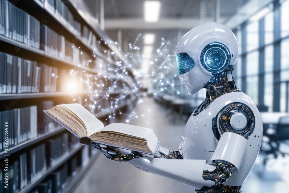 Fototapeta premium Robot Studying in Library with Knowledge Network
