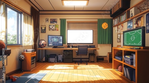 Japanese Anime Style Home Office with Basketball Theme