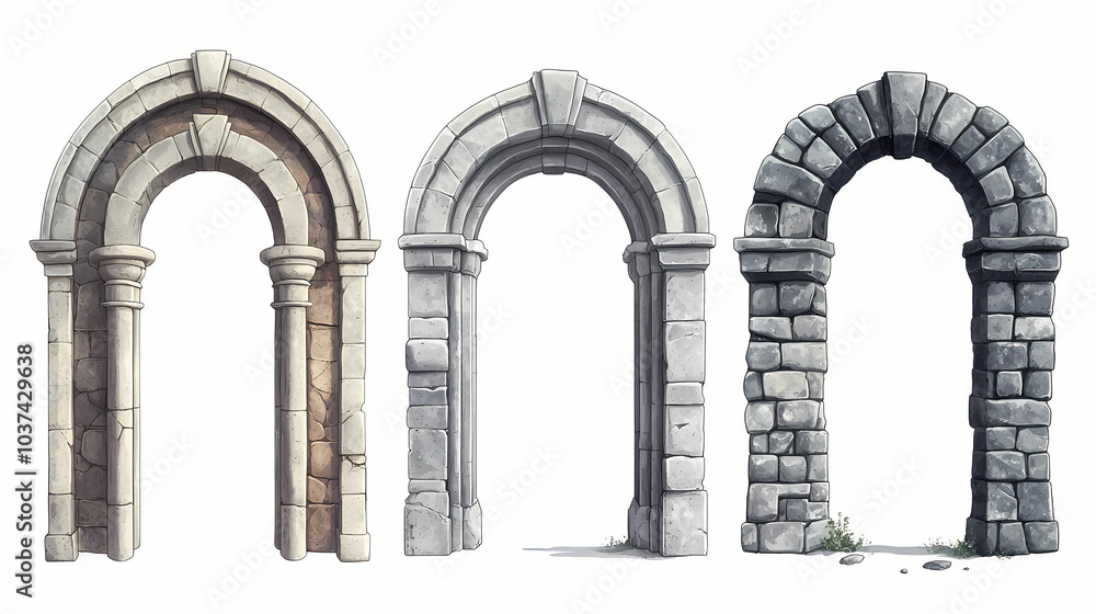 Fototapeta premium Set of four ancient stone archways isolated on white background, showcasing different styles and textures in architectural design. Ancient Relic. Illustration