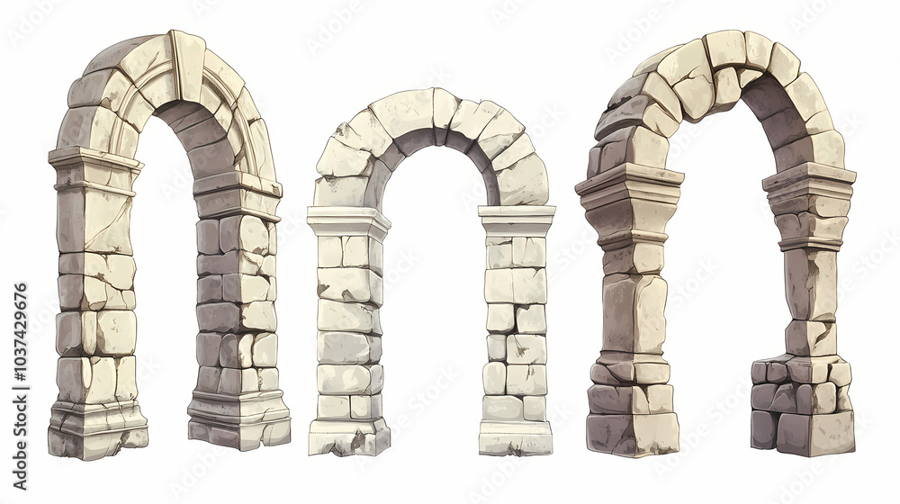 Fototapeta premium Set of four ancient stone archways isolated on white background, showcasing different styles and textures in architectural design. Ancient Relic. Illustration