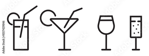 cocktail icons set on a white background, set of silhouette cocktails