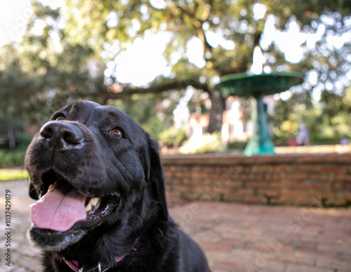 goofy lab coming towards camera in front of fountain