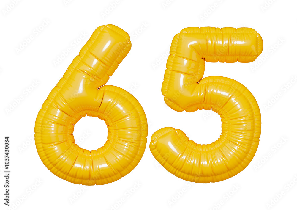 65. Glossy inflatable balloon with the number sixty-five. Yellow volumetric numbers isolated on a transparent background. For anniversaries, birthdays, sales, greeting cards. 65. Glossy inflatable balloon with the number sixty-five. Yellow volumetric numbers isolated on a transparent background. For anniversaries, birthdays, sales, greeting cards.