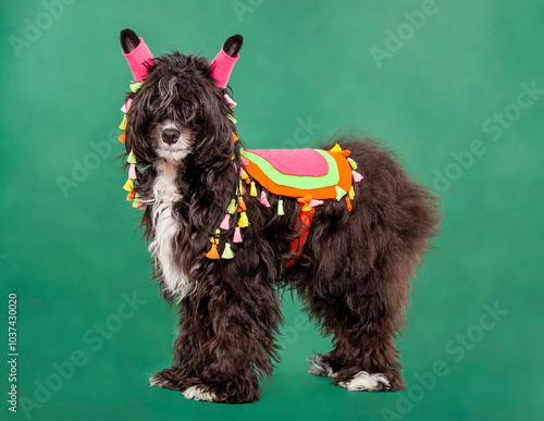 Chinese crested dressed as a llama  on green background photo