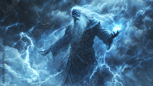 Storm sorcerer controlling thunder and rain, storm magic, elemental tempest. Elemental Wizard. Illustration