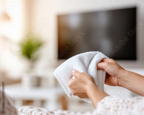 Person cleaning with a soft cloth in a cozy blurry living room environment, promoting a sense of neatness and comfort. photo