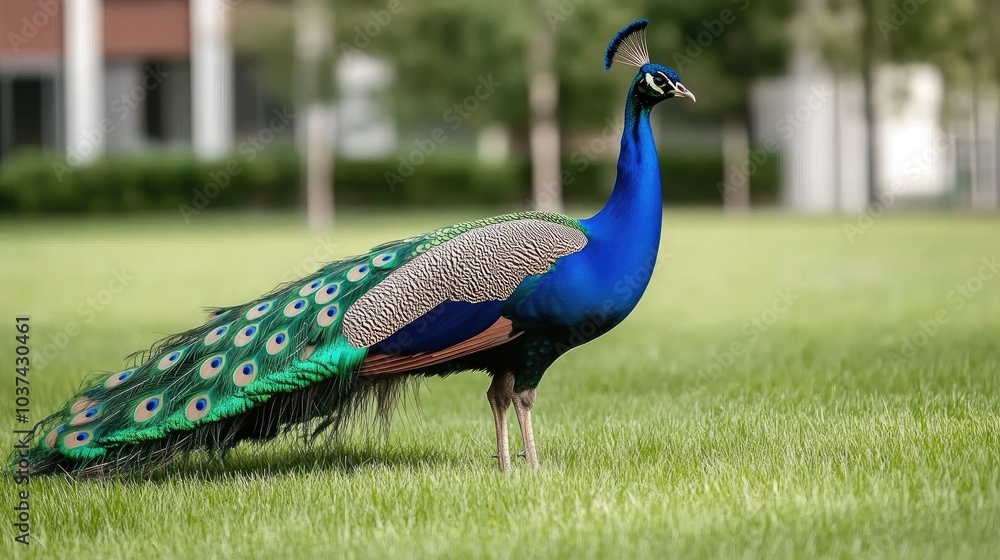 Fototapeta premium Vibrant peacock displaying its magnificent feathers in a serene garden surrounded by soft lighting