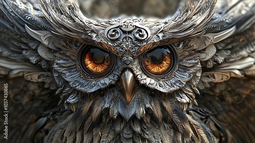 Metal Owl with Glowing Eyes Close Up photo