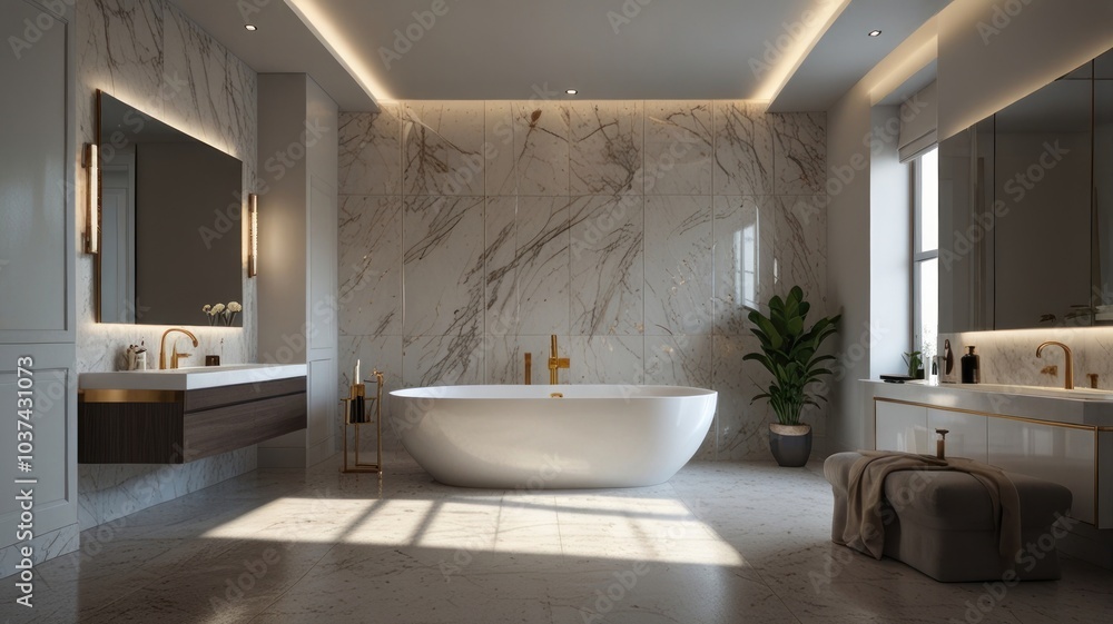 Fototapeta premium A modern and luxurious bathroom with a stunning white bathtub as its centerpiece. The walls are decorated with elegant marble tiles. The bathroom is flooded with natural light.