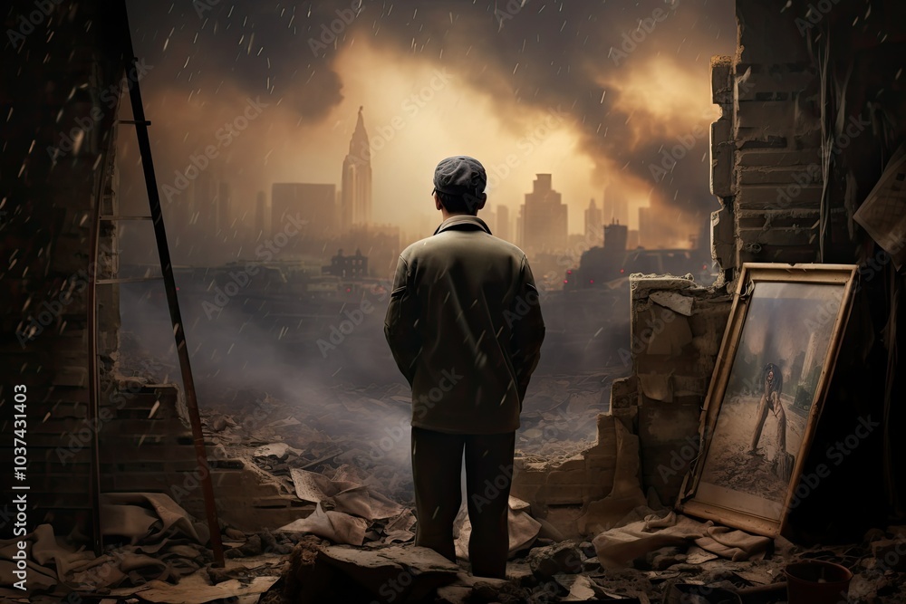 Fototapeta premium A person stands among the remains of a destroyed educational institution gazing out at a devastated city skyline shrouded in smoke and shadows