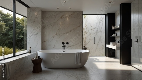 Wallpaper Mural A modern and luxurious bathroom with a stunning white bathtub as its centerpiece. The walls are decorated with elegant marble tiles. The bathroom is flooded with natural light. Torontodigital.ca