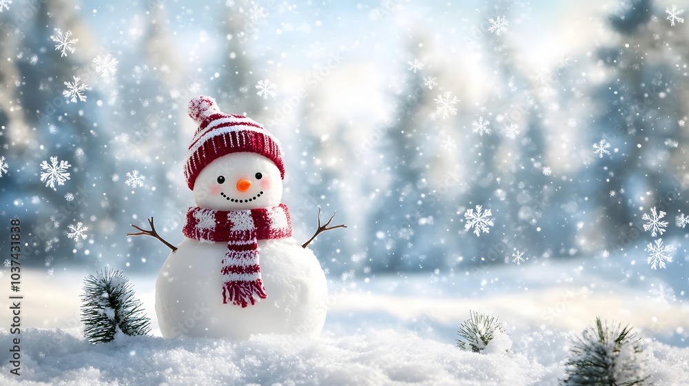 Fototapeta premium A cheerful snowman with a red and white hat and scarf in a snowy winter landscape