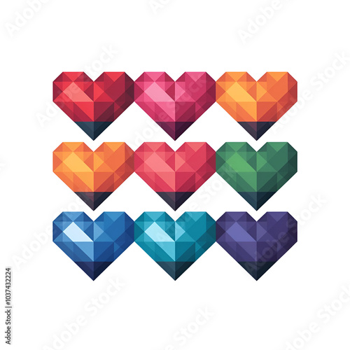 A vibrant array of pixelated hearts in various colors, arranged in a grid pattern against a dark background.
