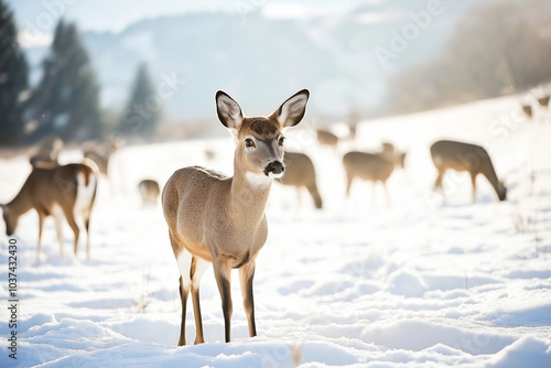 Deer in snowy field with herd grazing in winter landscape