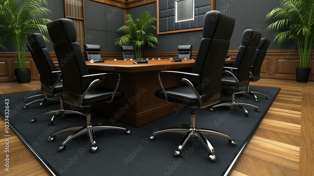A contemporary boardroom featuring sleek design, a long table, and modern decor, perfect for executive meetings and presentations