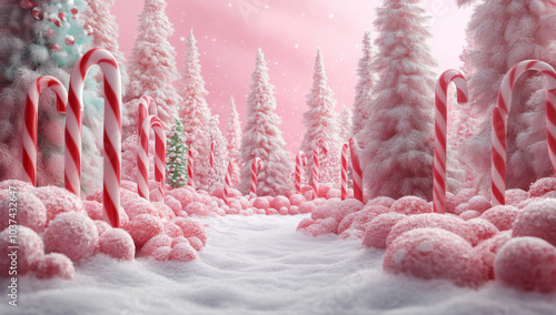 A vibrant red and white striped candy cane forest, with giant candy canes towering like trees
 photo