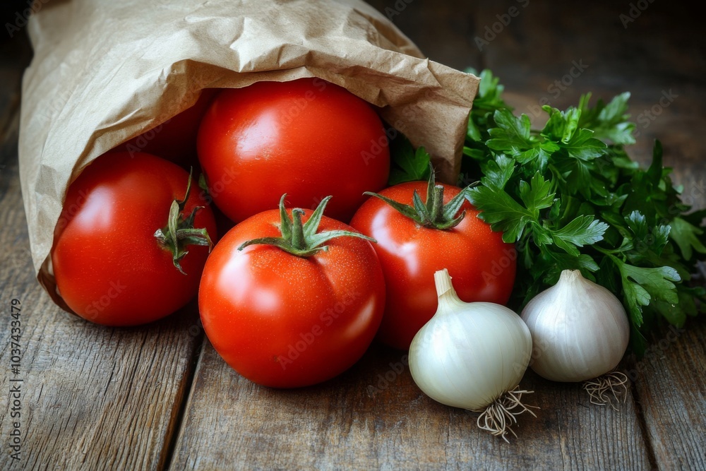 Fresh Tomatoes, Garlic, and Parsley in a Paper Bag Fresh Tomatoes, Garlic, and Parsley in a Paper Bag