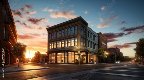 A photo of a downtown commercial building at sun