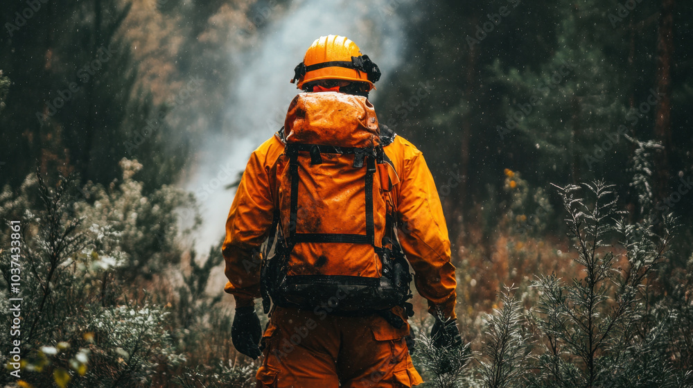 firefighter in orange suit stands in forest, surrounded by smoke and greenery, ready to combat forest fire. scene conveys determination and bravery firefighter in orange suit stands in forest, surrounded by smoke and greenery, ready to combat forest fire. scene conveys determination and bravery