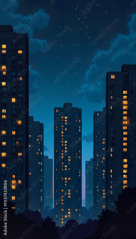 Illuminated Skyscrapers at Night with Starry Sky in Deep Blue Tones Illuminated Skyscrapers at Night with Starry Sky in Deep Blue Tones